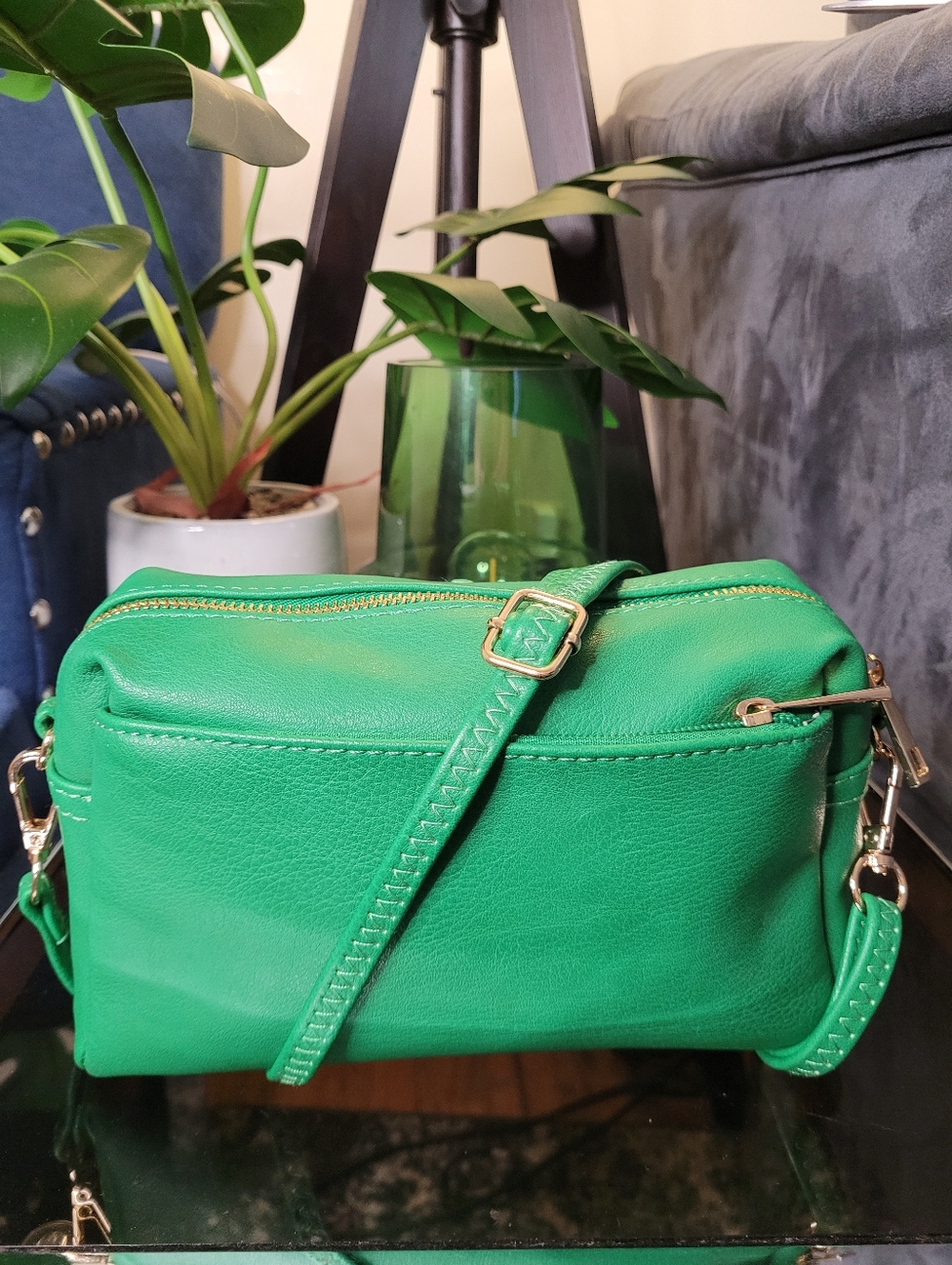 Vegan Leather Green Crossbody Bag with Gold Hardware - Women's Shoulder Bag